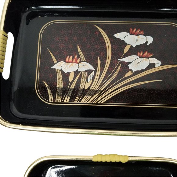 Vintage Serving Trays Wrapped Handles Iris Barware Lacquer Black Gold Japan - Picture 10 of 12